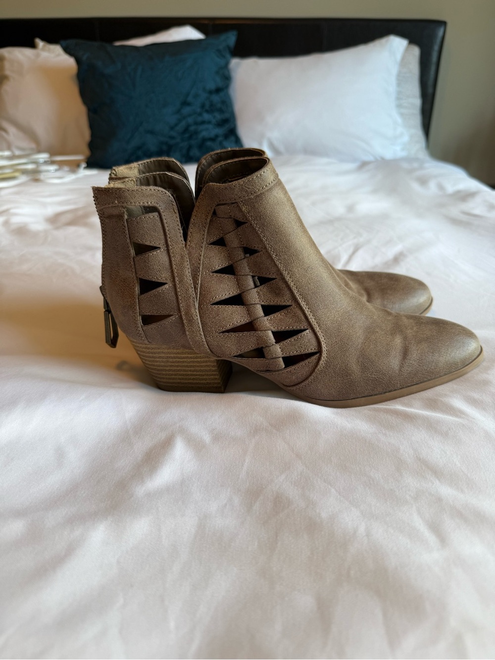 Qupid Taupe Cutout Ankle Booties with Stacked Heel